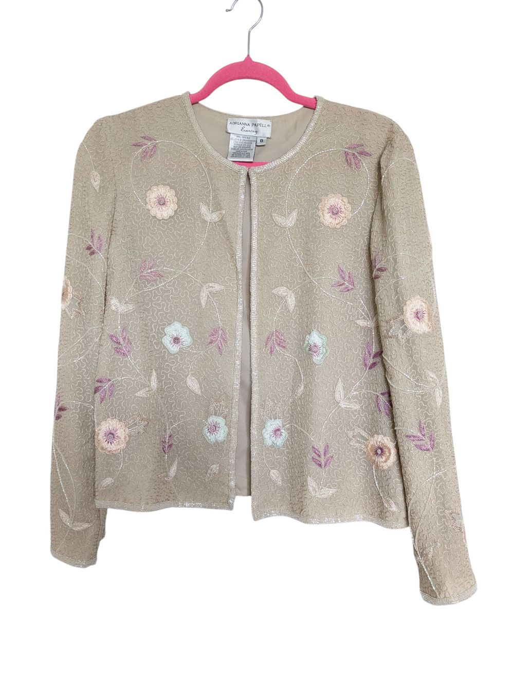 VTG Adrianna Papell Jacket 8 Silk Beige-Pink Beaded Embroidered Flower Romantic